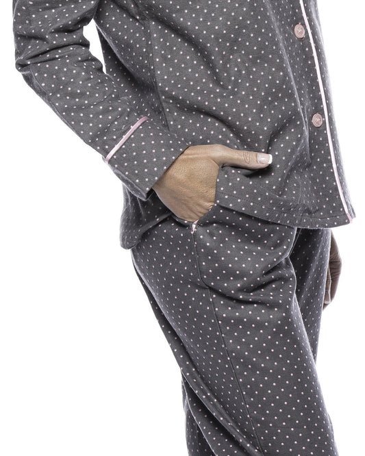 Womens Premium Cotton Flannel Pajama Sleepwear Set - Pindots Charcoal