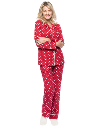 Womens Premium 100% Cotton Flannel Pajama Sleepwear Set - Dots Diva Red-White