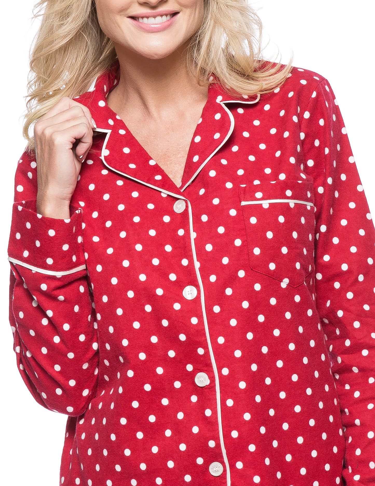 Womens Premium 100% Cotton Flannel Pajama Sleepwear Set - Dots Diva Red-White