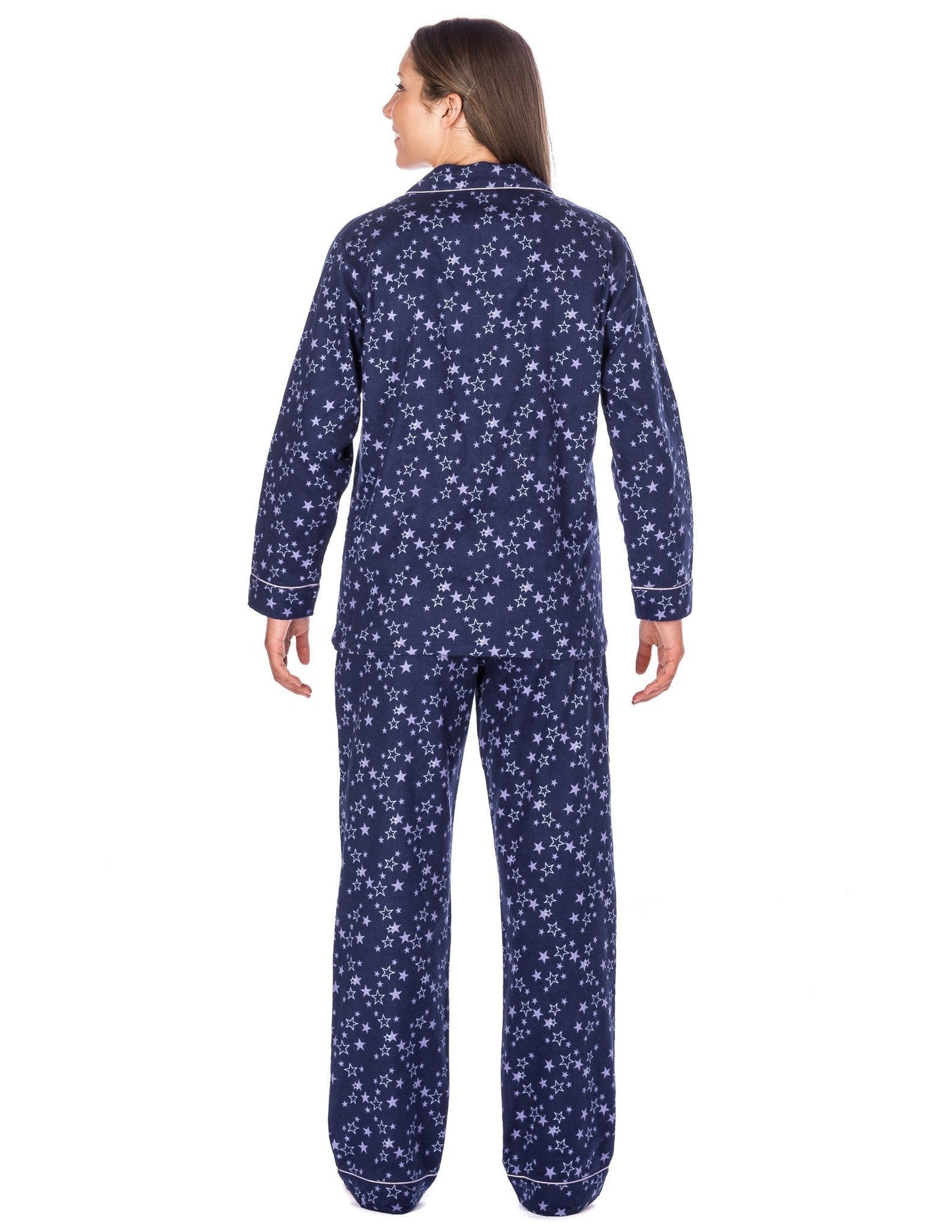 Women's Premium 100% Cotton Flannel Pajama Sleepwear Set (Relaxed Fit) - Starry Night - Blue